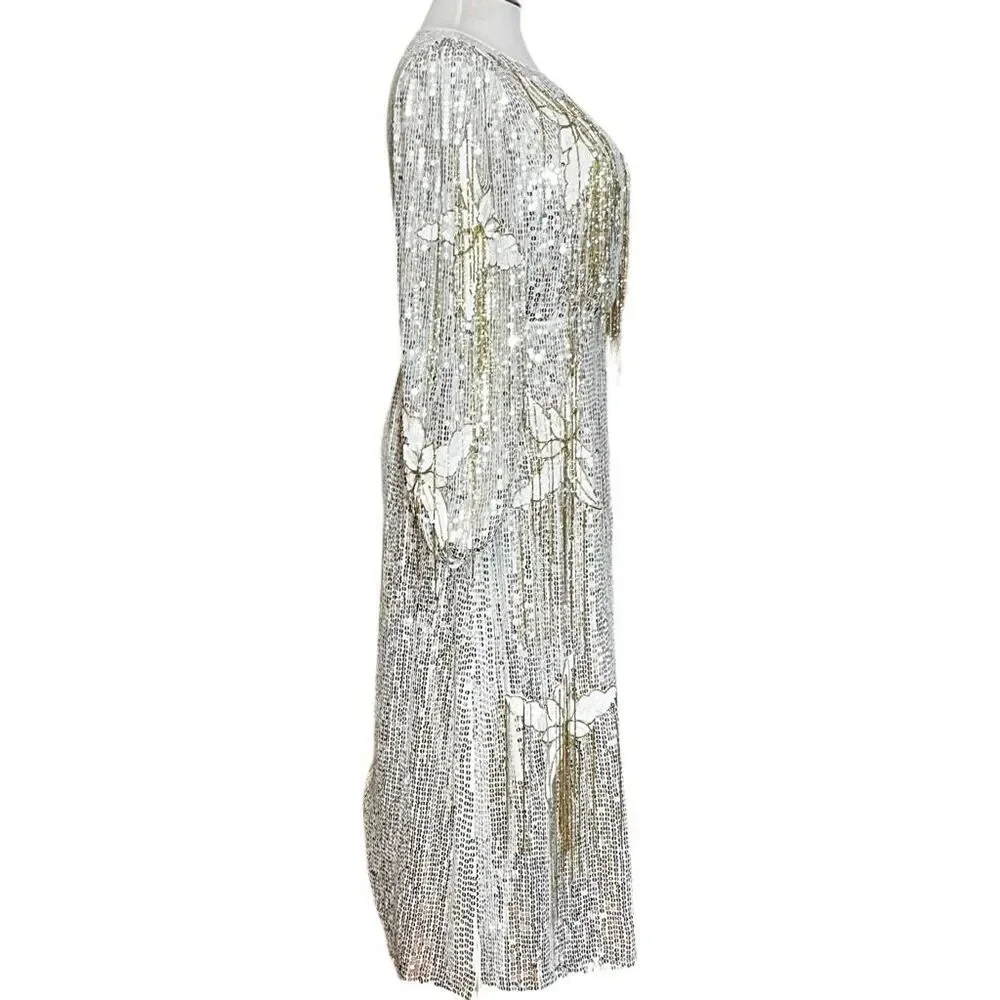 River Island London‎ Floral Sequin Fringe Long Sleeve MIDI Party Holiday Dresd - Picture 5 of 11